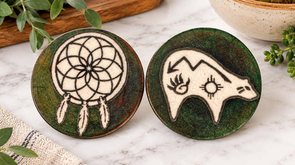 Jeremy Diller Signed Raku Pottery Coasters Set of 2 Bear Dreamcatcher Southwest